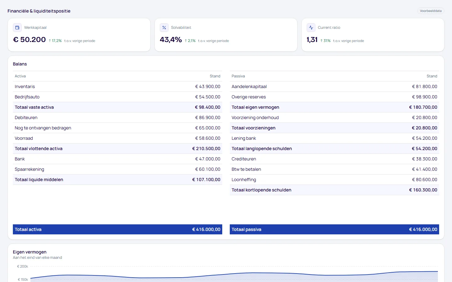 Dashboard Financiële & liquiditeitspositie, pagina Financiële positie, met voorbeelddata